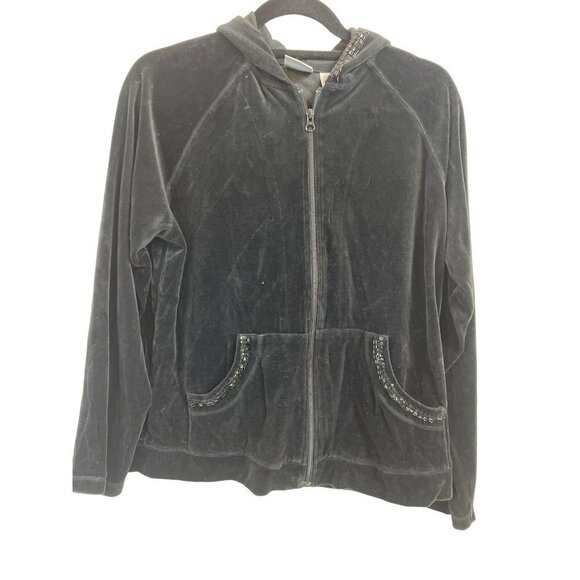Chicos Sz 1 (US M US 8) Women Black Velour w Sequin Details Pockets Hoodie Sweat - Picture 1 of 4